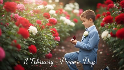 Adorable young boy in a formal blue suit kneeling in a lush garden filled with red and white roses offering a ring box on propose day