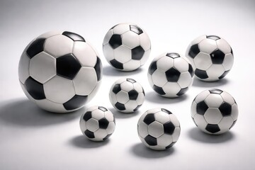 Display of eight classic white soccer balls shown in varied sizes and viewpoints on a white backdrop