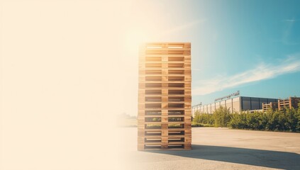 Outdoor scene with a significant pile of stacked wooden pallets used for transport and storage efficiency