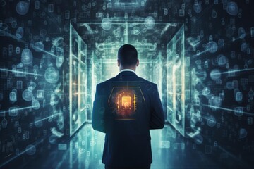 Businessman navigating a digital tunnel with an illuminating circuit in his back