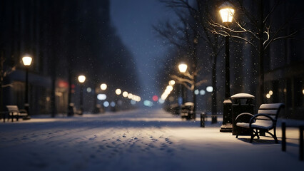 Snowy Whisk evening street scene with benches and lamp posts under soft lighting