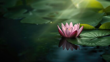 Early-stage lotus flower amidst lush green water lily leaves, suitable for spa logo or Buddhist symbolism