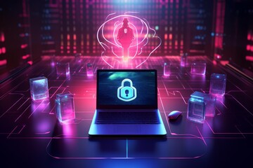 Laptop displaying a padlock with a glowing key and circuit board background representing cybersecurity
