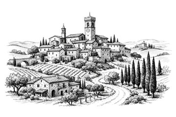 White backdrop illustration of a historic village in Tuscany