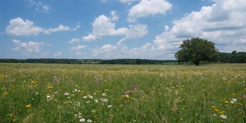 Scenic countryside with blooming flowers and soft cloud cover, suitable for nature-themed layouts