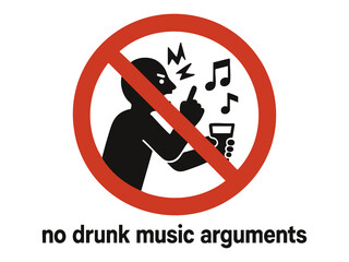 person angrily gesturing with a drink and music notes around, crossed out with a red circle and bar. Absurd prohibition sign. Generative ai raster colorful illustration.