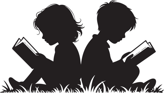 Vector silhouette of siblings sitting in the grass and reading book on white background. Symbol of girl, sister, brother, friends, family, infant, childhood, nature, park, garden.