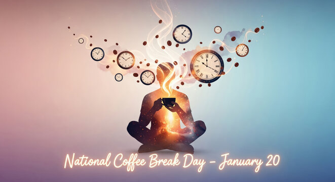 Silhouette of person meditating with clocks and coffee beans exploding outwards coffee break