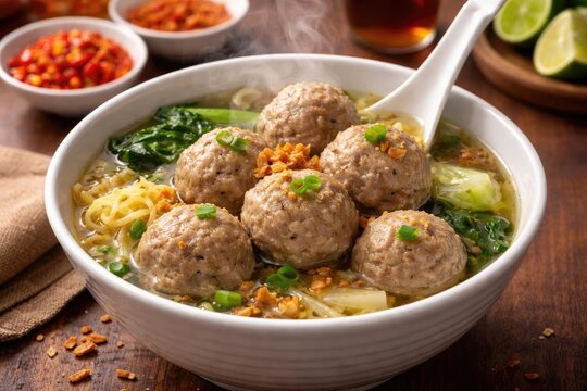 Savory meatballs served steaming hot in a classic bakso bowl