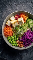 Fresh and vibrant vegetable bowl featuring colorful carrots, cucumbers, purple cabbage, tofu, and sprouts, perfect for a healthy meal and packed with nutrients for wellness enthusiasts.