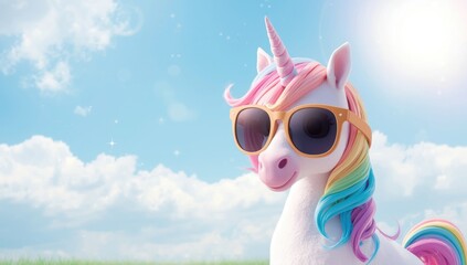 Colorful animated unicorn sporting sunglasses, highlighting whimsical style and charm