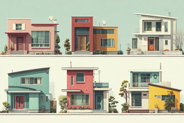 Obraz premium Modern flat architecture illustrations of small family houses with colorful facades and clean lines, surrounded by trees and plants, evoking calm and welcoming neighborhood atmosphere