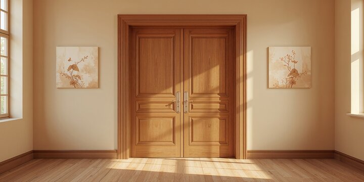 School doors in the corner, serving as an entryway for building access in an urban setting