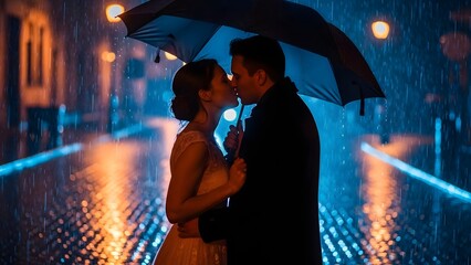 Romantic silhouette of a newly married couple sharing an intimate kiss under a dark umbrella during a vibrant neon city rainstorm at night