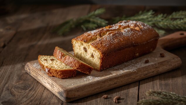 Close-up of raisin-studded sliced bread with vanilla sugar on rustic wooden table, baking preparation, Food & Drink - Powered by Adobe