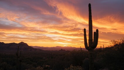 Sunset over arid desert with Saguaro Cactus silhouettes, ideal for nature scene backgrounds