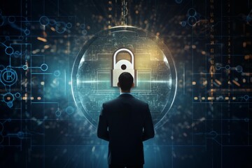 Businessman standing in front of a digital padlock on a futuristic interface representing data security