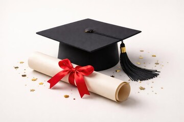 Diploma with graduation hat placed on plain backdrop for celebration