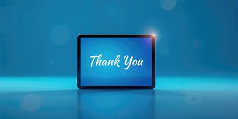 Digital tablet showing Thank You text on a blue screen, serving as a background for message design