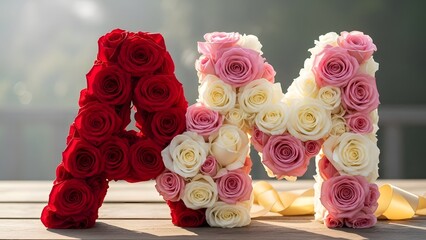 Elegant floral arrangement forming the letters a and m with vibrant red roses contrasting beautifully against soft pink and white blooms on a wooden surface