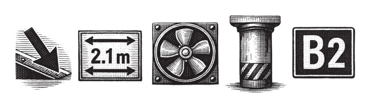 A set of five black and white engraved icons including an arrow, a measurement sign, a fan, a cylindrical object, and a lettered sign, suitable for design projects.