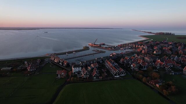 Aerial view of Marken harbor and waterfront village