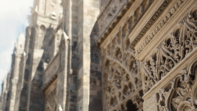 Stone carving details on historic cathedral structure focusing on architectural maintenance, heritage preservation