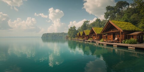Fototapeta premium Lakeside villas with traditional wooden architecture, offering a peaceful environment for relaxation and reflection, World Environment Day