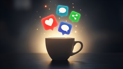 Steaming Coffee Mug with Floating Social Media Reaction Icons