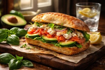 Sandwich with fresh crab meat salmon and avocado served with basil and water