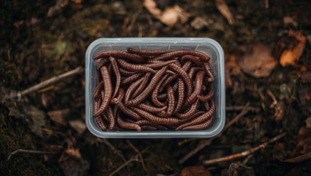 Plastic box filled with earthworms for fishing bait, sustainable fishing practices, Earth Day