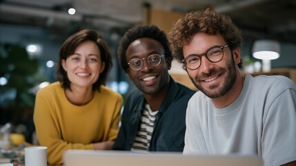 Team gathers around a shared screen with charts and ideas, mugs and snacks on the table, laughter blending with agendas during a productive home office meeting about design strategy. cinematic