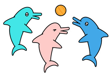 Obraz premium 水族館でボール遊びをするイルカたちのかわいいイラスト