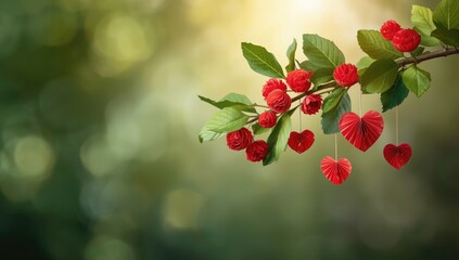 Detailed view of handcrafted crepe paper cherries and foliage on a branch, used in festive craft projects