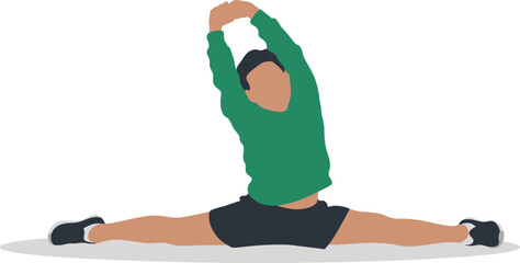 Athlete figure performs a deep side split stretch with arms raised overhead, demonstrating advanced flexibility for fitness and warmup routines.