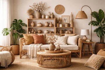 Trendy bohemian interior setup combining rattan furnishings with a wooden shelf filled with ceramic vases and cotton flowers