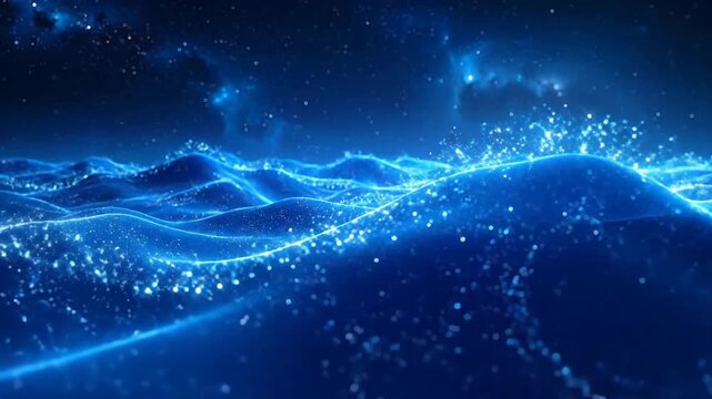 Abstract blue waves with sparkling particles, creating a dynamic and futuristic background.