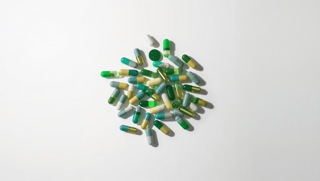 Close-up of dietary supplement capsules on a plain white surface, suitable for health product layout