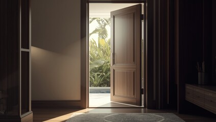 Apartment doorway with open door, used as a UI backdrop for app design or informational displays