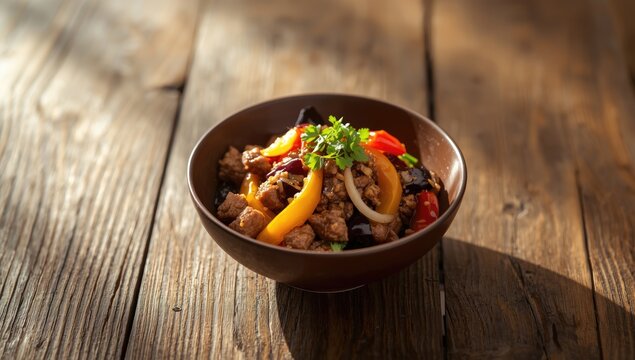 Asian-style stir-fried eggplant with minced meat and miso, focusing on fermented flavor profiles, International Day of Food Safety