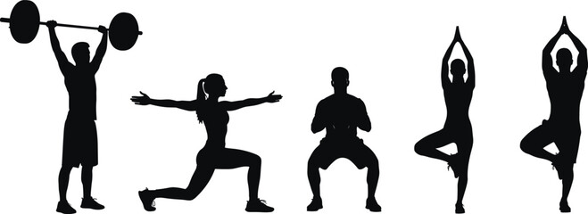 Silhouette set of men and women doing fitness, yoga and strength training exercises, workout and wellness activity poses isolated on white background, healthy and active lifestyle conceptWeb