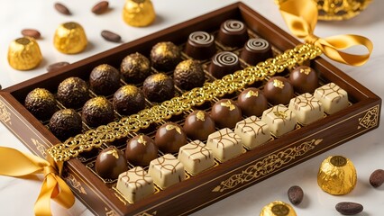 Exquisite assortment of gourmet dark milk and white chocolates featuring edible gold leaf presentations in a decorative wooden gift box tied with a luxurious gold ribbon