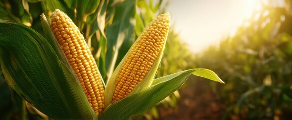 Fototapeta premium The corn ears glowing in golden sunlight across a lush summer agricultural field