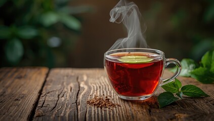 A cup of black tea garnished with lime and spices placed on a rustic wooden surface, highlighting beverage ingredients
