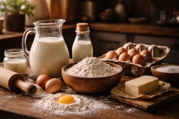 Fototapeta premium Milk and flour products set on a wooden countertop for cooking