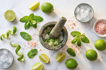 Flat lay composition of fresh lime mint and stone mortar with pink salt for mojito cocktail preparation