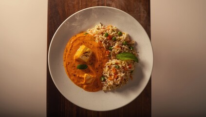 Kadai paneer alongside vegetable pulao seen from top, highlighting complex flavors and culinary technique