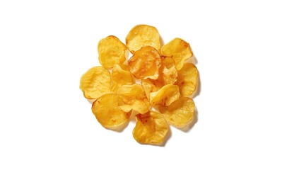 Isolated dried potato slices with orange and yellow hues, a quick snack option for school meals, focusing on snack foods