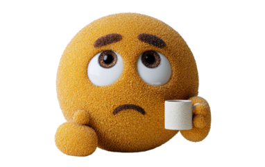 Expressive pensive face emoji illustration with miniature coffee cup representing contemplation, serenity, and quiet moment isolated on transparent background PNG