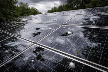Solar array featuring hail damaged panels and reflected foliage on a cloudy day illustrating system fragility